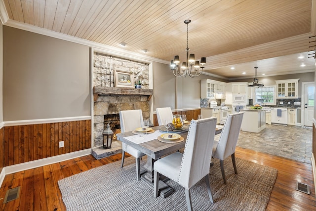 dining space with hardwood / wood-style floors, a stone fireplace, wooden ceiling, and wooden walls