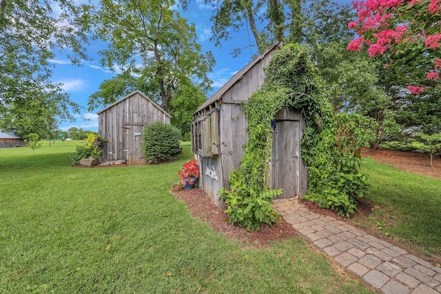 view of yard featuring a storage unit