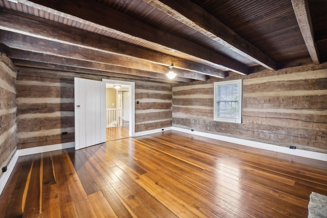 unfurnished room with wood walls, beamed ceiling, wooden ceiling, and hardwood / wood-style flooring