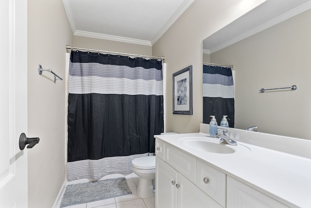 bathroom featuring vanity, crown molding, tile patterned flooring, toilet, and curtained shower