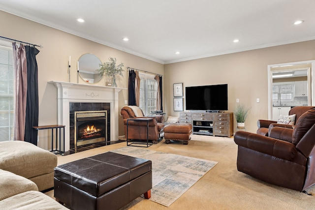 carpeted living room featuring a fireplace, a healthy amount of sunlight, crown molding, and sink