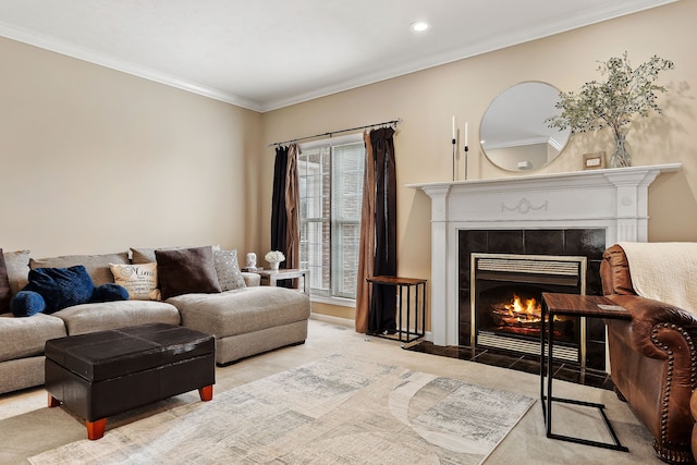 living room with a tiled fireplace, crown molding, and light colored carpet