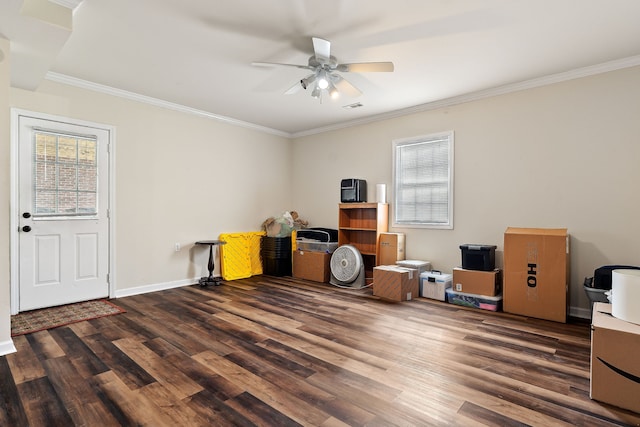 miscellaneous room with dark hardwood / wood-style floors, ceiling fan, and ornamental molding