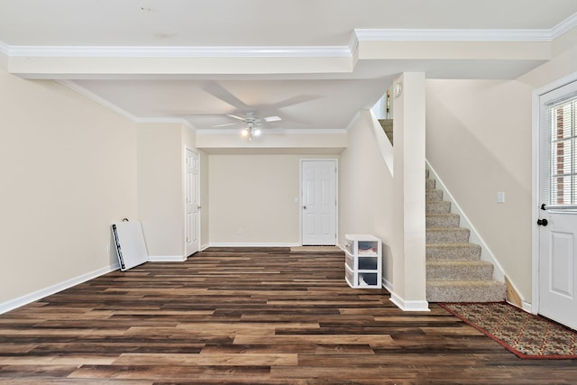 entrance foyer with dark hardwood / wood-style floors, ceiling fan, and crown molding