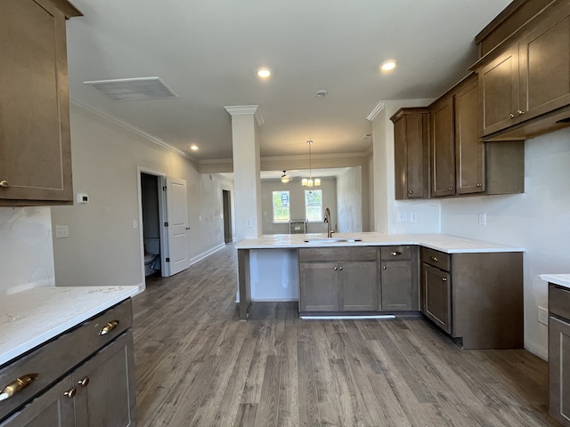 kitchen featuring pendant lighting, dark hardwood / wood-style flooring, crown molding, and sink