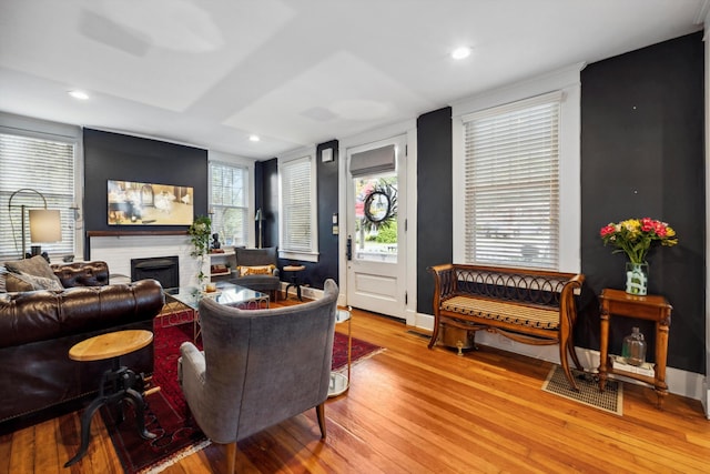 living room with a fireplace and light wood-type flooring