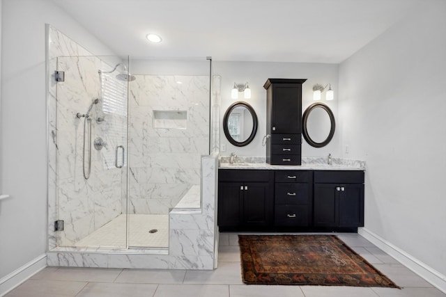 bathroom with vanity, tile patterned floors, and walk in shower