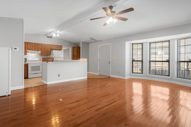 unfurnished living room with vaulted ceiling with beams, ceiling fan, and light hardwood / wood-style flooring