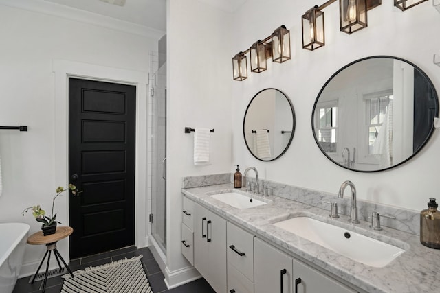 bathroom with vanity, tile patterned floors, independent shower and bath, and crown molding