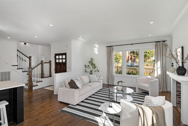 living room featuring a fireplace, ornamental molding, and dark wood-type flooring