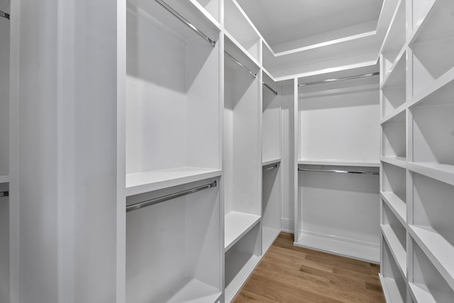 walk in closet with light hardwood / wood-style floors