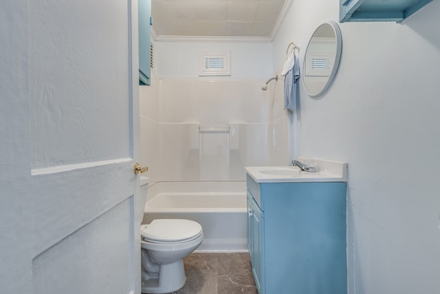 full bathroom featuring vanity, ornamental molding, bathtub / shower combination, and toilet