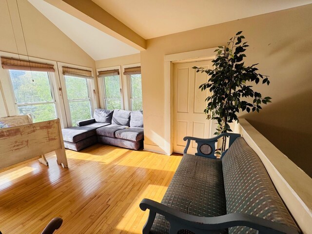 living room with light hardwood / wood-style flooring and lofted ceiling