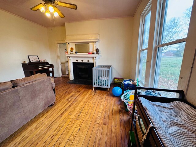 interior space featuring multiple windows, ceiling fan, light hardwood / wood-style flooring, and ornamental molding