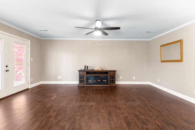 unfurnished living room with french doors, dark hardwood / wood-style floors, ceiling fan, and ornamental molding