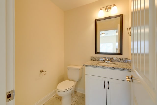 bathroom with ceiling fan, vanity, and toilet