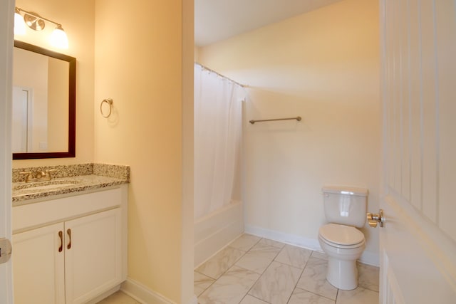 full bathroom featuring shower / bath combination with curtain, vanity, and toilet