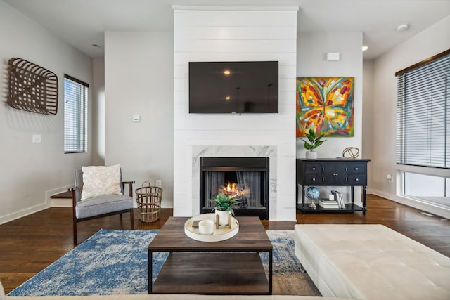 living room featuring a large fireplace and dark hardwood / wood-style floors