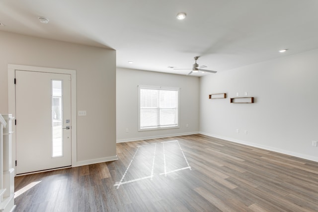 foyer entrance featuring hardwood / wood-style flooring and ceiling fan