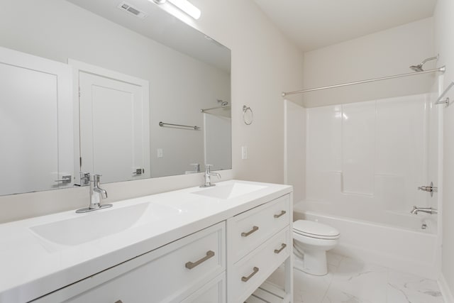 full bathroom featuring vanity, shower / bathtub combination, and toilet