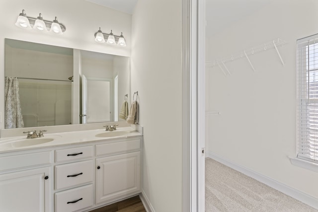 bathroom featuring vanity and curtained shower