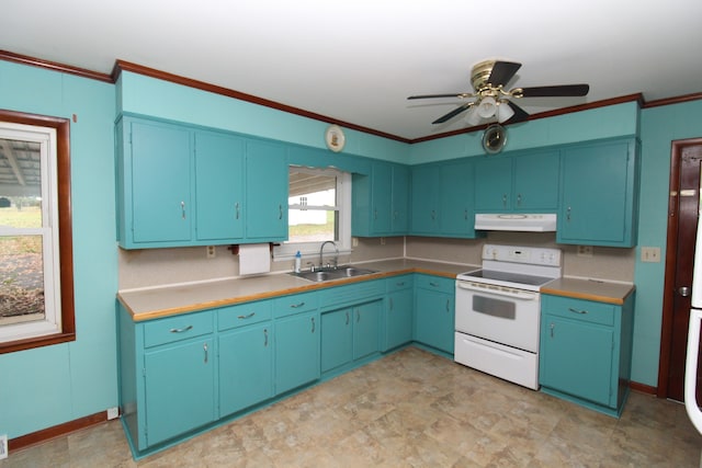 kitchen with ceiling fan, sink, blue cabinets, white range with electric cooktop, and crown molding