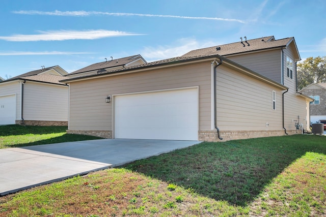 view of property exterior with a lawn, a garage, and central AC