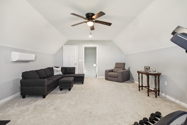 carpeted living room with an AC wall unit, ceiling fan, and vaulted ceiling