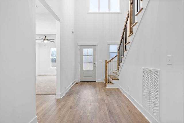 foyer featuring a towering ceiling and light hardwood / wood-style flooring