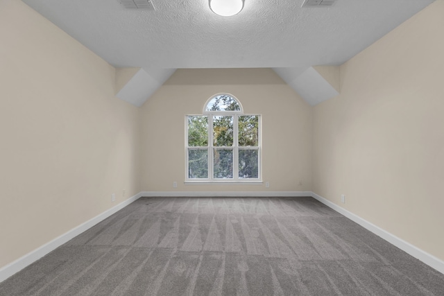 spare room featuring carpet, a textured ceiling, and vaulted ceiling