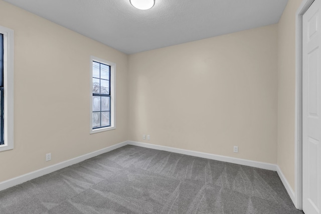 unfurnished room with a textured ceiling and carpet floors