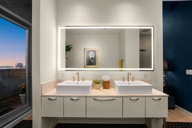 bathroom with hardwood / wood-style floors and vanity