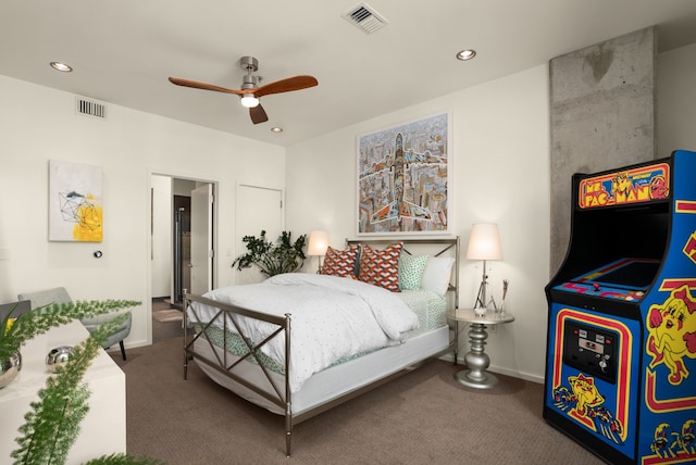 carpeted bedroom featuring ceiling fan