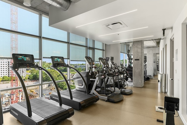 exercise room with a healthy amount of sunlight and a wall of windows