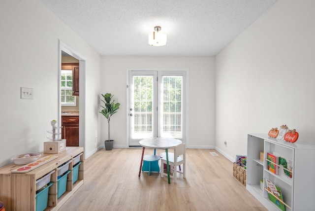 recreation room with a textured ceiling and light hardwood / wood-style flooring