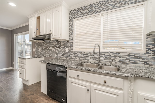 kitchen with dishwasher, white cabinets, sink, ornamental molding, and dark hardwood / wood-style flooring