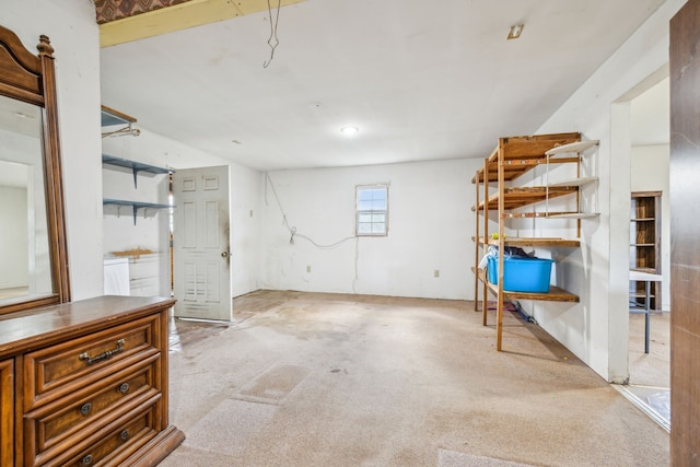 basement featuring light carpet