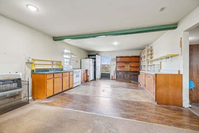 kitchen featuring light hardwood / wood-style floors, white appliances, beam ceiling, and heating unit