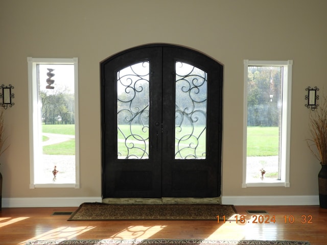 foyer entrance with wood-type flooring, a wealth of natural light, and french doors