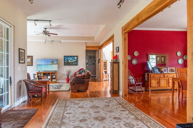 living room with ceiling fan, crown molding, track lighting, and hardwood / wood-style flooring