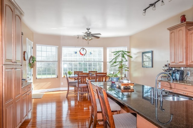 dining space with ceiling fan, light hardwood / wood-style flooring, a healthy amount of sunlight, and sink