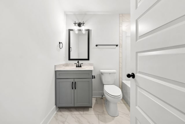 full bathroom with bathing tub / shower combination, vanity, and toilet