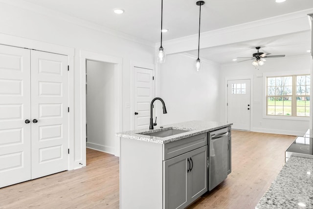 6 Charleston Cv, Clarksville, TN 37043 - kitchen with stainless steel dishwasher, gray cabinetry, crown molding, ceiling fan, and light wood-style flooring