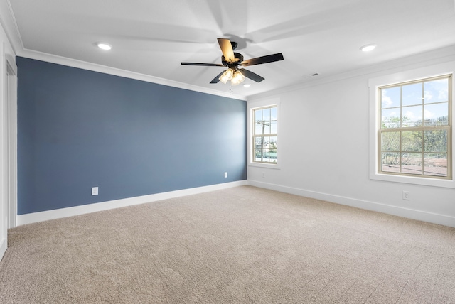 spare room featuring carpet flooring, crown molding, and ceiling fan