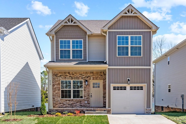 6 Charleston Cv, Clarksville, TN 37043 - craftsman-style house featuring an attached garage, concrete driveway, roof with shingles, brick siding, and board and batten siding