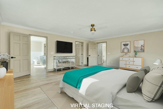 bedroom featuring ceiling fan, crown molding, and light hardwood / wood-style floors