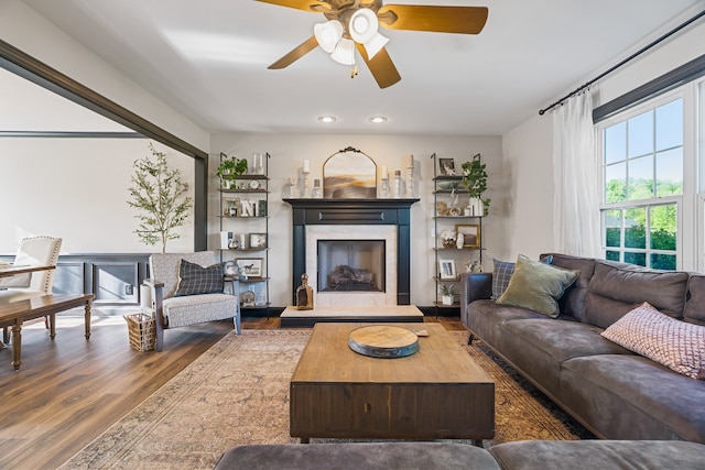 living room featuring dark hardwood / wood-style floors and ceiling fan