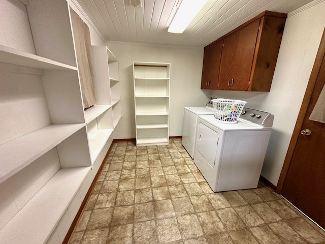 washroom featuring cabinets, independent washer and dryer, and wooden ceiling