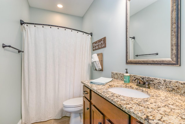 full bath featuring tile patterned flooring, vanity, toilet, and recessed lighting