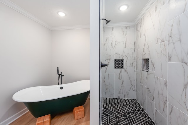 bathroom with wood-type flooring, crown molding, and independent shower and bath